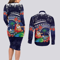 Felis Pusgua Guam Santa Couples Matching Long Sleeve Bodycon Dress and Long Sleeve Button Shirt Merry Christmas with Polynesian Tribal
