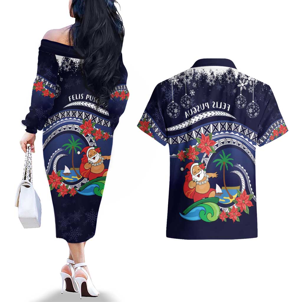 Felis Pusgua Guam Santa Couples Matching Off The Shoulder Long Sleeve Dress and Hawaiian Shirt Merry Christmas with Polynesian Tribal