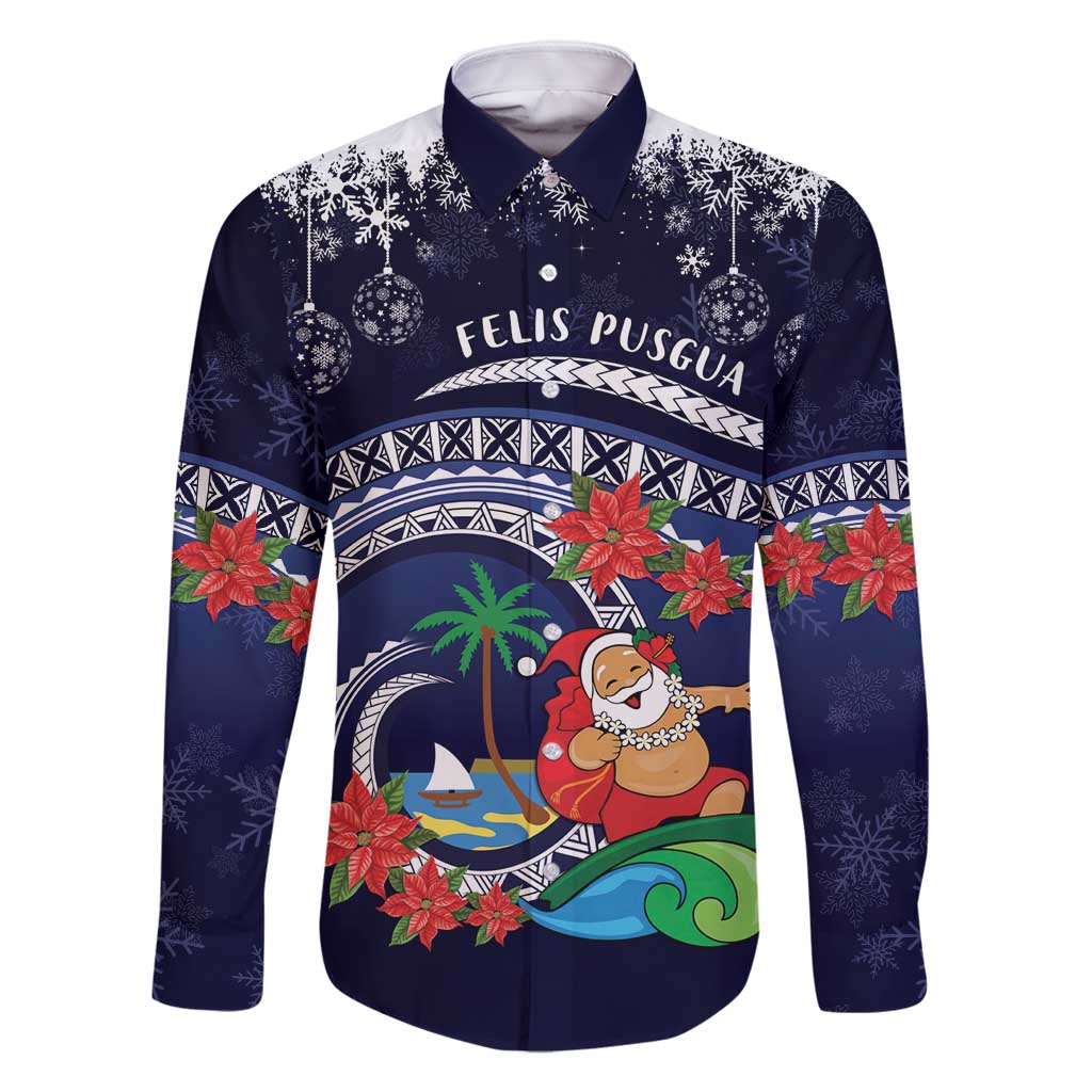 Felis Pusgua Guam Santa Family Matching Mermaid Dress and Hawaiian Shirt Merry Christmas with Polynesian Tribal LT9 Dad's Shirt - Long Sleeve Blue - Polynesian Pride