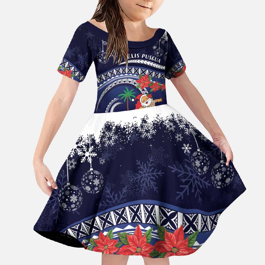 Felis Pusgua Guam Santa Family Matching Tank Maxi Dress and Hawaiian Shirt Merry Christmas with Polynesian Tribal LT9 Daughter's Dress Blue - Polynesian Pride