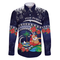 Felis Pusgua Guam Santa Family Matching Tank Maxi Dress and Hawaiian Shirt Merry Christmas with Polynesian Tribal LT9 Dad's Shirt - Long Sleeve Blue - Polynesian Pride