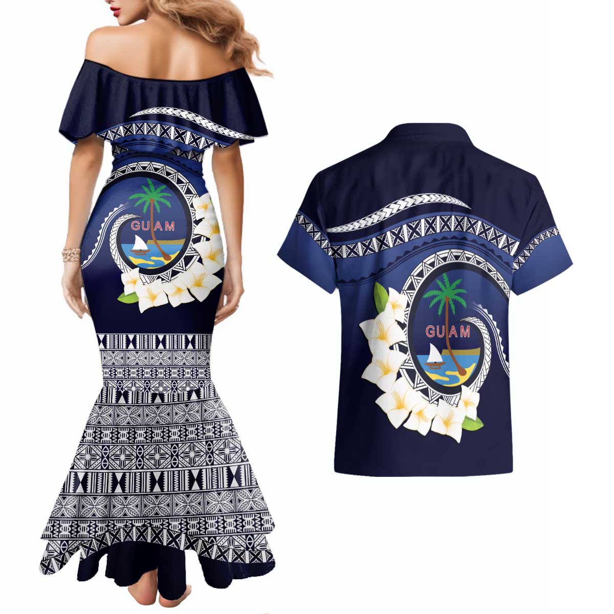 Hafai Adai Guam Guasalis Couples Matching Mermaid Dress and Hawaiian Shirt Polynesian Tribal Pattern