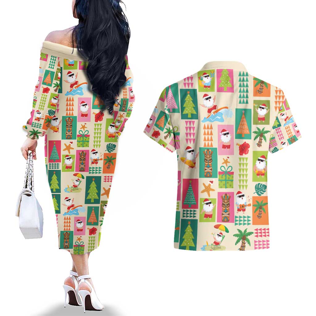 Mele Kalikimaka Hawaii Christmas Couples Matching Off The Shoulder Long Sleeve Dress and Hawaiian Shirt Funny Santan Hippie Style