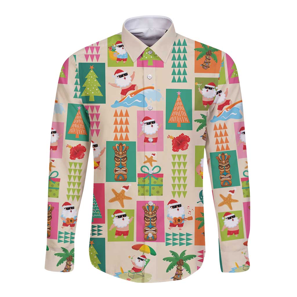 Mele Kalikimaka Hawaii Christmas Long Sleeve Button Shirt Funny Santan Hippie Style LT9 Unisex Beige - Polynesian Pride