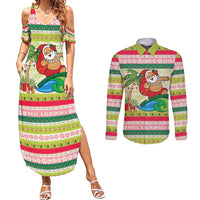 Mele Kalikimaka Hawaii Christmas Couples Matching Summer Maxi Dress and Long Sleeve Button Shirt Surfing Santa with Polynesian Tribal LT9 Green - Polynesian Pride