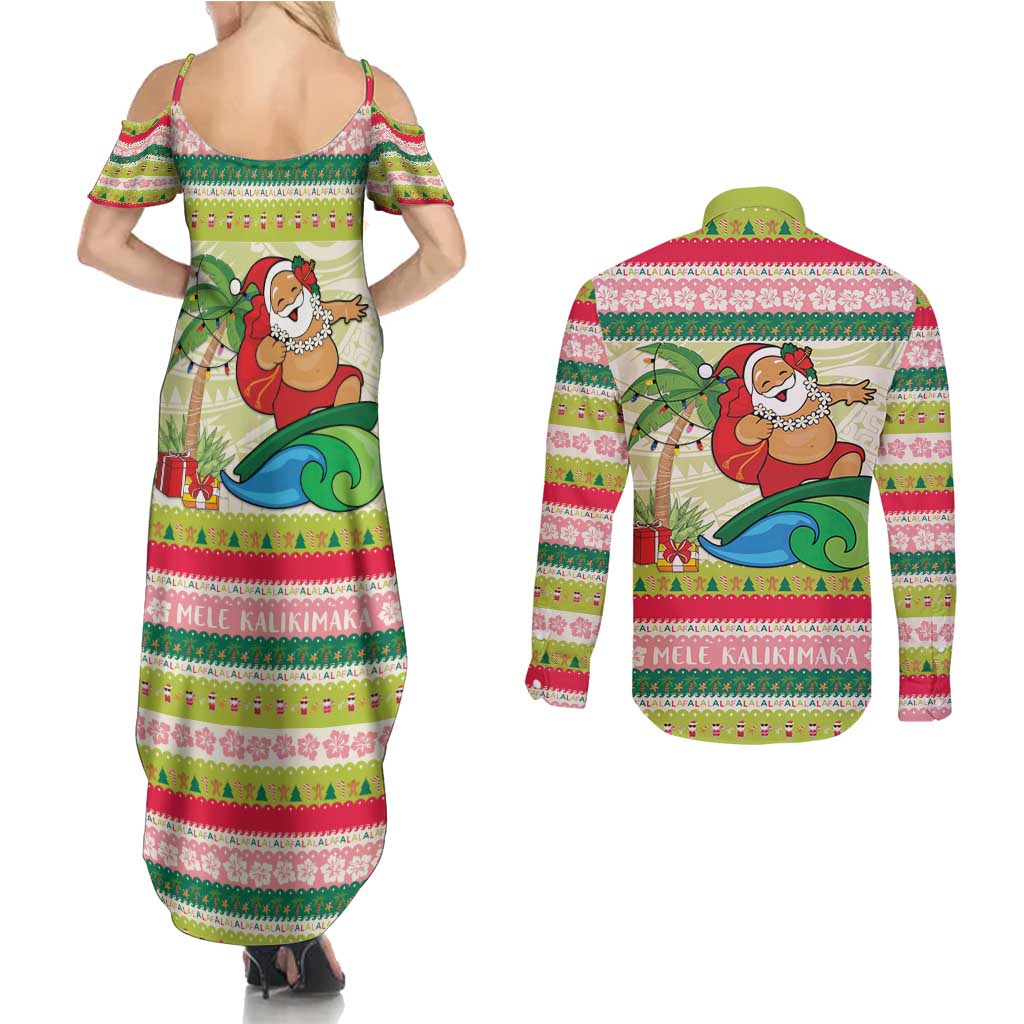 Mele Kalikimaka Hawaii Christmas Couples Matching Summer Maxi Dress and Long Sleeve Button Shirt Surfing Santa with Polynesian Tribal LT9 - Polynesian Pride