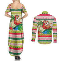 Mele Kalikimaka Hawaii Christmas Couples Matching Summer Maxi Dress and Long Sleeve Button Shirt Surfing Santa with Polynesian Tribal LT9 - Polynesian Pride