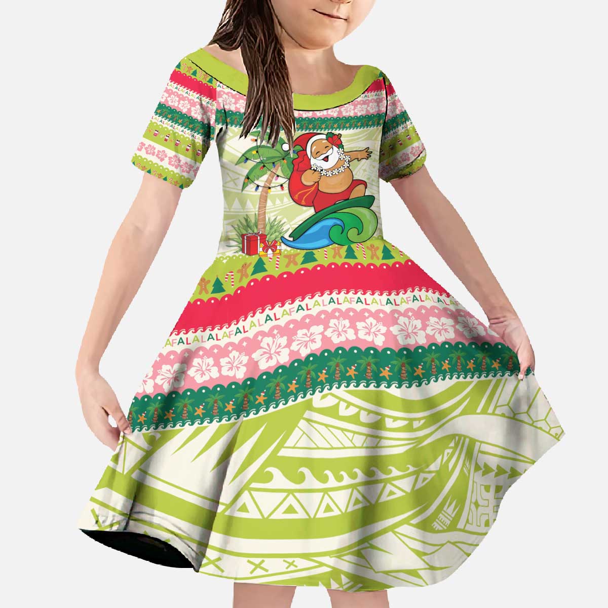 Mele Kalikimaka Hawaii Christmas Family Matching Off The Shoulder Long Sleeve Dress and Hawaiian Shirt Surfing Santa with Polynesian Tribal LT9 Daughter's Dress Green - Polynesian Pride