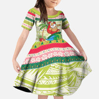 Mele Kalikimaka Hawaii Christmas Family Matching Off The Shoulder Long Sleeve Dress and Hawaiian Shirt Surfing Santa with Polynesian Tribal LT9 Daughter's Dress Green - Polynesian Pride