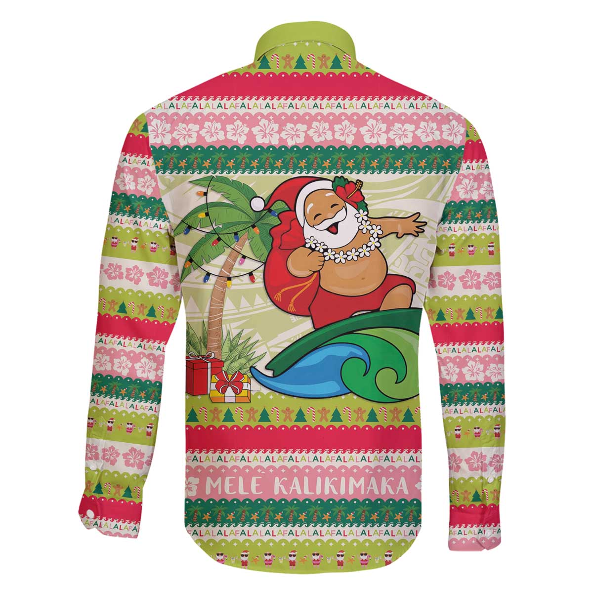 Mele Kalikimaka Hawaii Christmas Family Matching Off The Shoulder Long Sleeve Dress and Hawaiian Shirt Surfing Santa with Polynesian Tribal LT9 - Polynesian Pride