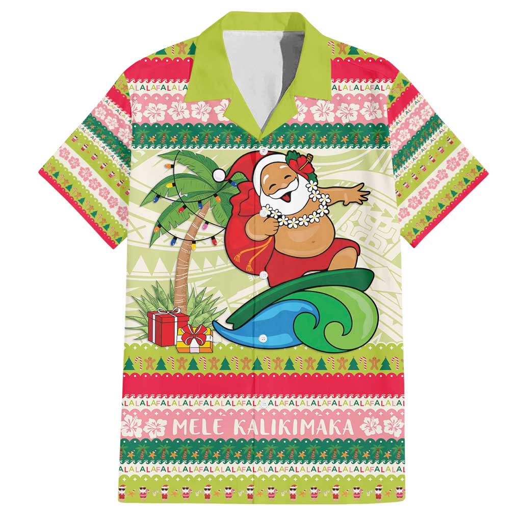 Mele Kalikimaka Hawaii Christmas Family Matching Tank Maxi Dress and Hawaiian Shirt Surfing Santa with Polynesian Tribal LT9 Dad's Shirt - Short Sleeve Green - Polynesian Pride