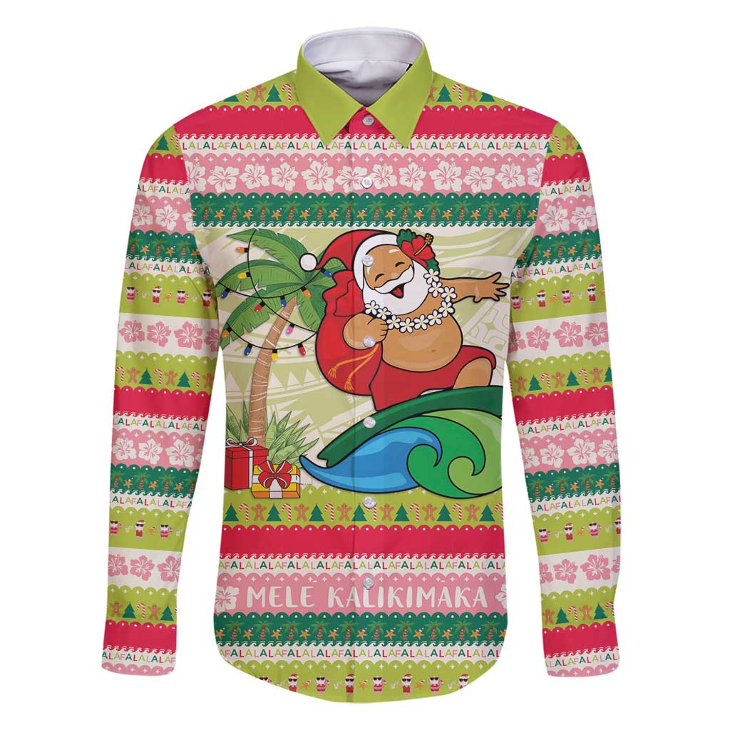 Mele Kalikimaka Hawaii Christmas Family Matching Tank Maxi Dress and Hawaiian Shirt Surfing Santa with Polynesian Tribal LT9 Dad's Shirt - Long Sleeve Green - Polynesian Pride