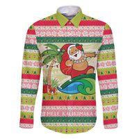 Mele Kalikimaka Hawaii Christmas Family Matching Tank Maxi Dress and Hawaiian Shirt Surfing Santa with Polynesian Tribal LT9 Dad's Shirt - Long Sleeve Green - Polynesian Pride