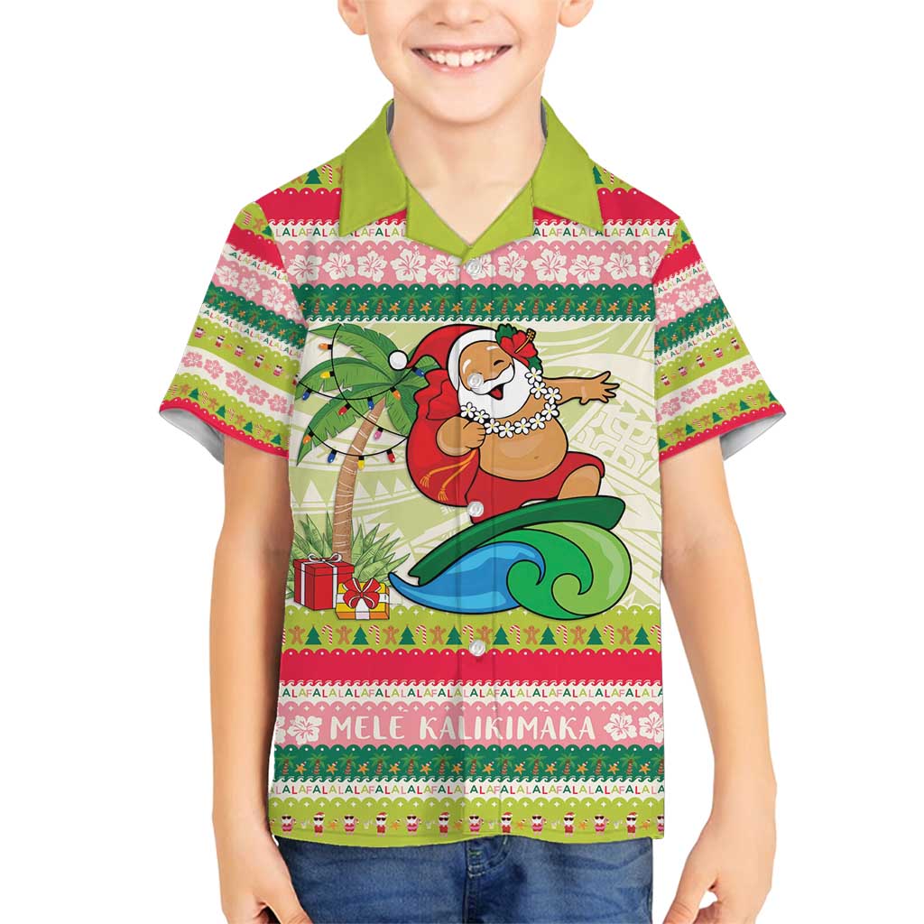 Mele Kalikimaka Hawaii Christmas Family Matching Tank Maxi Dress and Hawaiian Shirt Surfing Santa with Polynesian Tribal LT9 Son's Shirt Green - Polynesian Pride