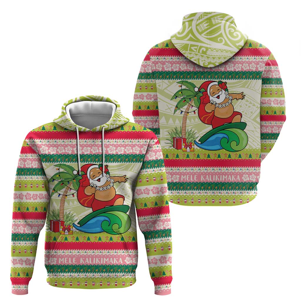 Mele Kalikimaka Hawaii Christmas Hoodie Surfing Santa with Polynesian Tribal