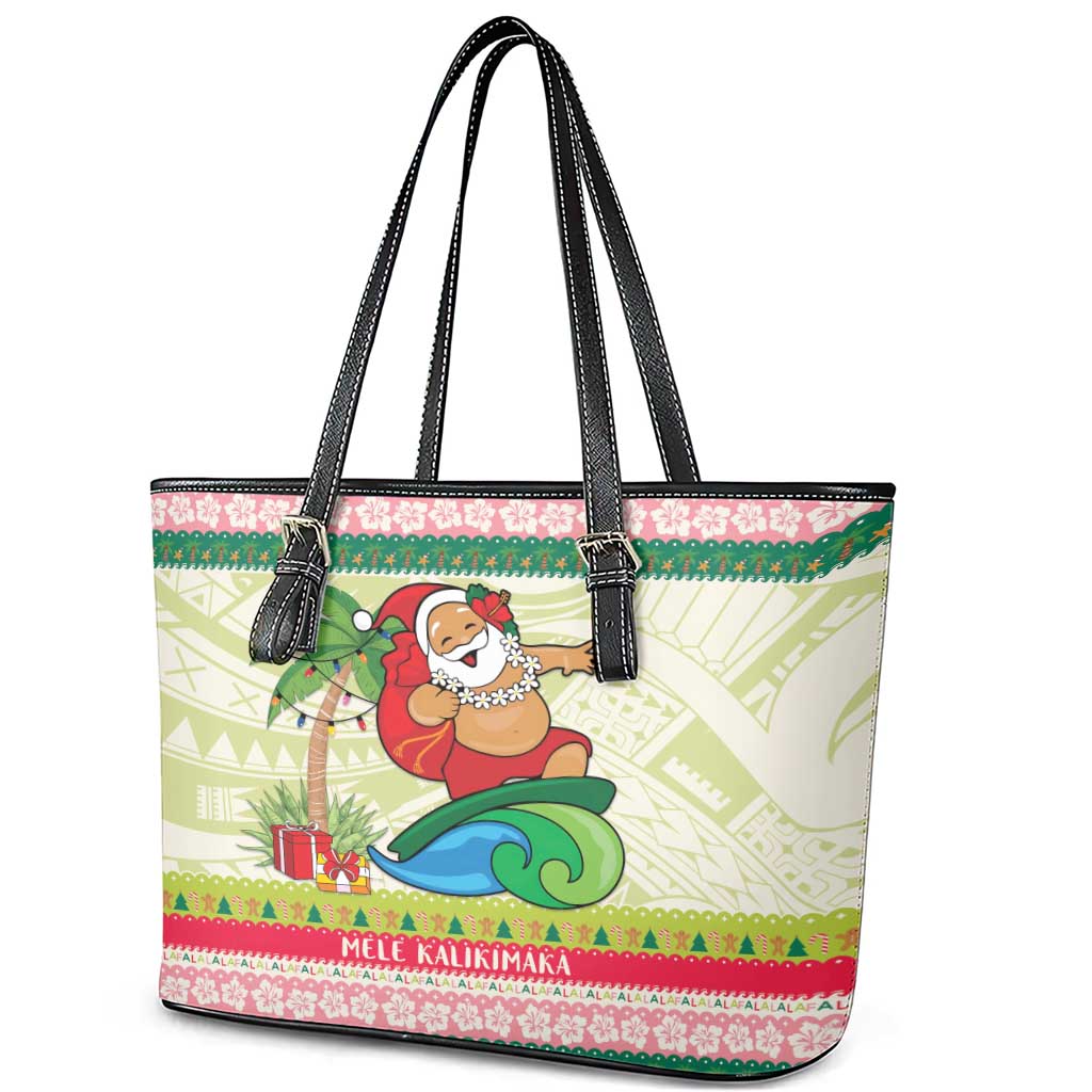 Mele Kalikimaka Hawaii Christmas Leather Tote Bag Surfing Santa with Polynesian Tribal