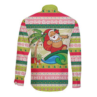 Mele Kalikimaka Hawaii Christmas Long Sleeve Button Shirt Surfing Santa with Polynesian Tribal LT9 - Polynesian Pride