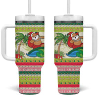 Mele Kalikimaka Hawaii Christmas Tumbler With Handle Surfing Santa with Polynesian Tribal