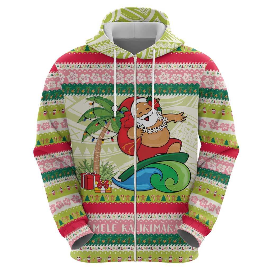 Mele Kalikimaka Hawaii Christmas Zip Hoodie Surfing Santa with Polynesian Tribal
