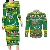 Meri Kiritimiti Cook Islands Christmas Couples Matching Long Sleeve Bodycon Dress and Long Sleeve Button Shirt Maroro Flying Fish and White Stars