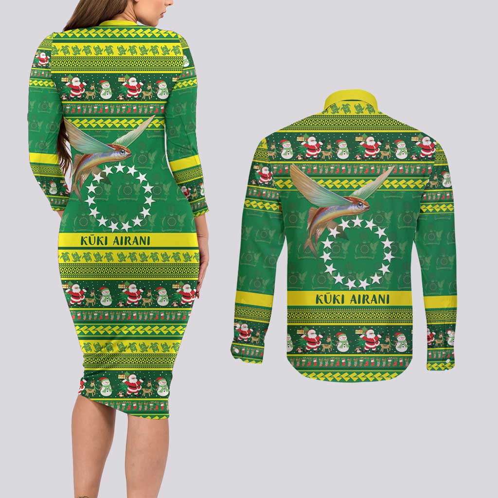 Meri Kiritimiti Cook Islands Christmas Couples Matching Long Sleeve Bodycon Dress and Long Sleeve Button Shirt Maroro Flying Fish and White Stars