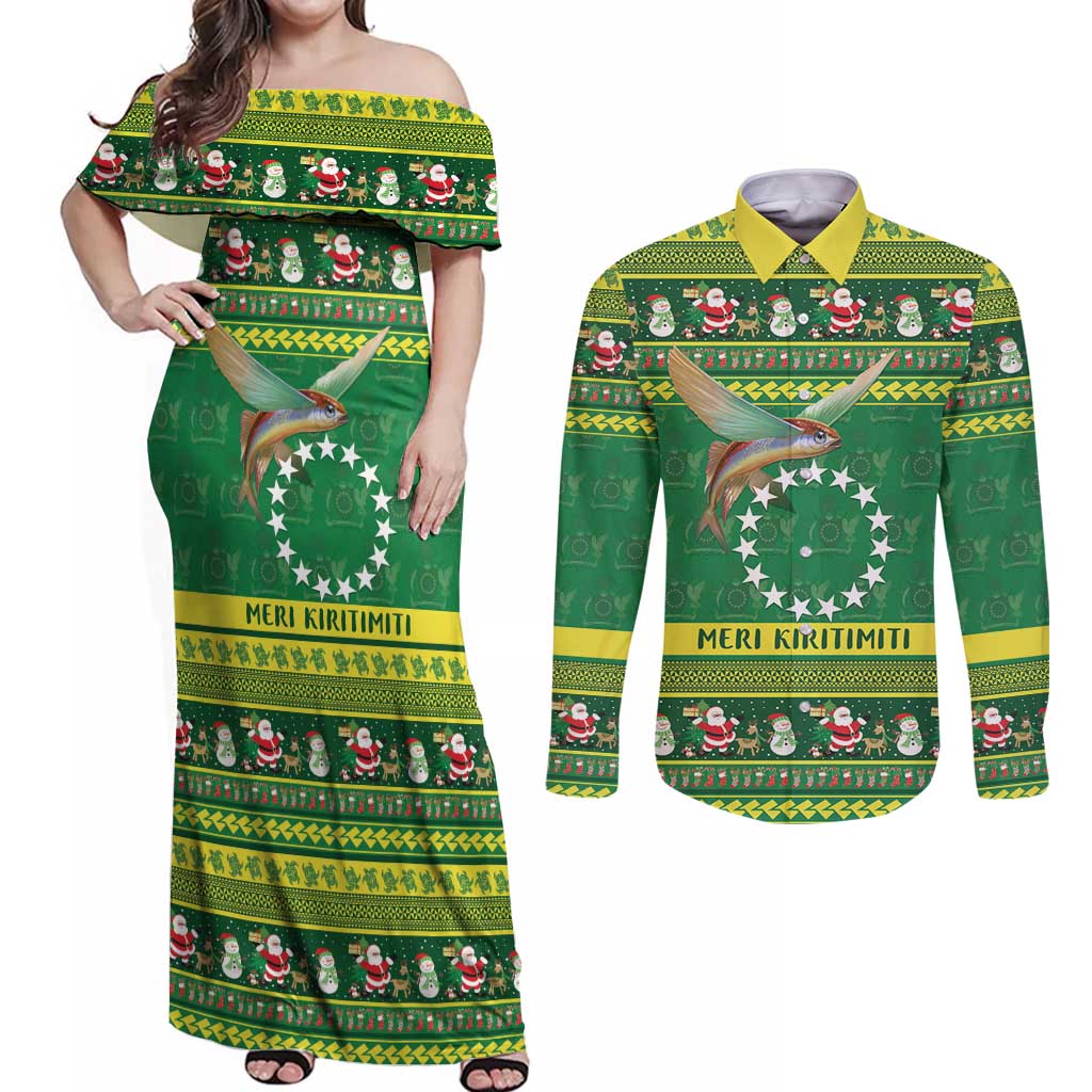 Meri Kiritimiti Cook Islands Christmas Couples Matching Off Shoulder Maxi Dress and Long Sleeve Button Shirt Maroro Flying Fish and White Stars