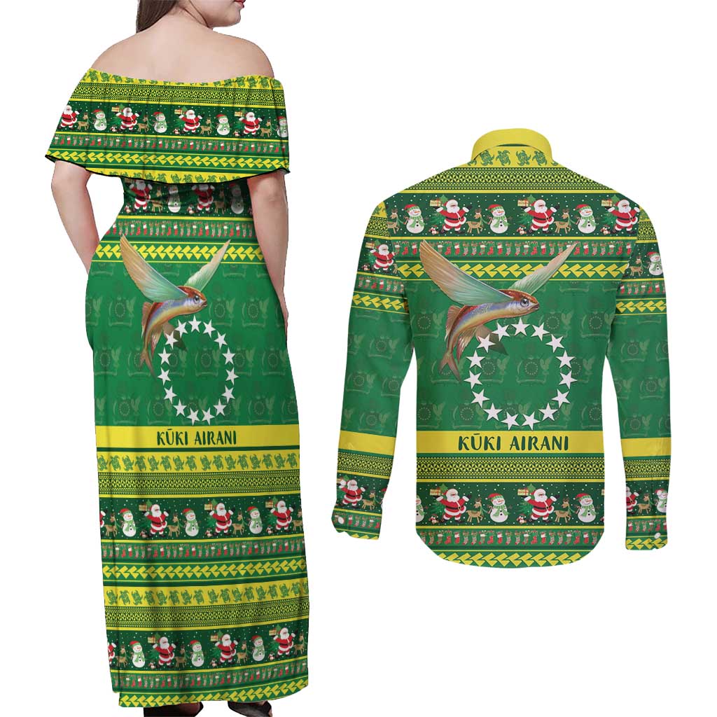 Meri Kiritimiti Cook Islands Christmas Couples Matching Off Shoulder Maxi Dress and Long Sleeve Button Shirt Maroro Flying Fish and White Stars