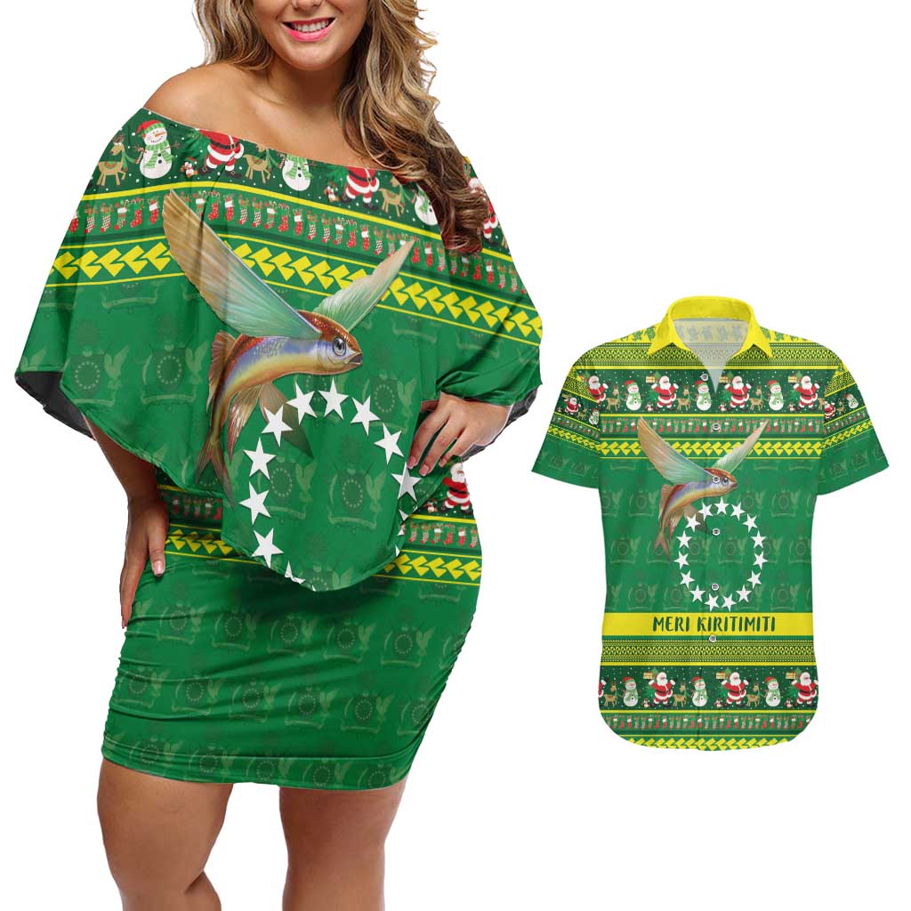 Meri Kiritimiti Cook Islands Christmas Couples Matching Off Shoulder Short Dress and Hawaiian Shirt Maroro Flying Fish and White Stars