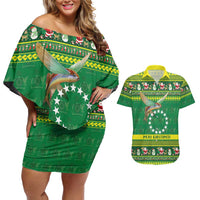 Meri Kiritimiti Cook Islands Christmas Couples Matching Off Shoulder Short Dress and Hawaiian Shirt Maroro Flying Fish and White Stars