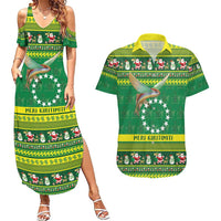 Meri Kiritimiti Cook Islands Christmas Couples Matching Summer Maxi Dress and Hawaiian Shirt Maroro Flying Fish and White Stars