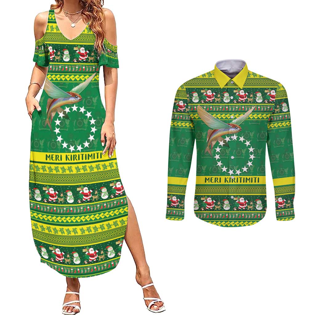 Meri Kiritimiti Cook Islands Christmas Couples Matching Summer Maxi Dress and Long Sleeve Button Shirt Maroro Flying Fish and White Stars