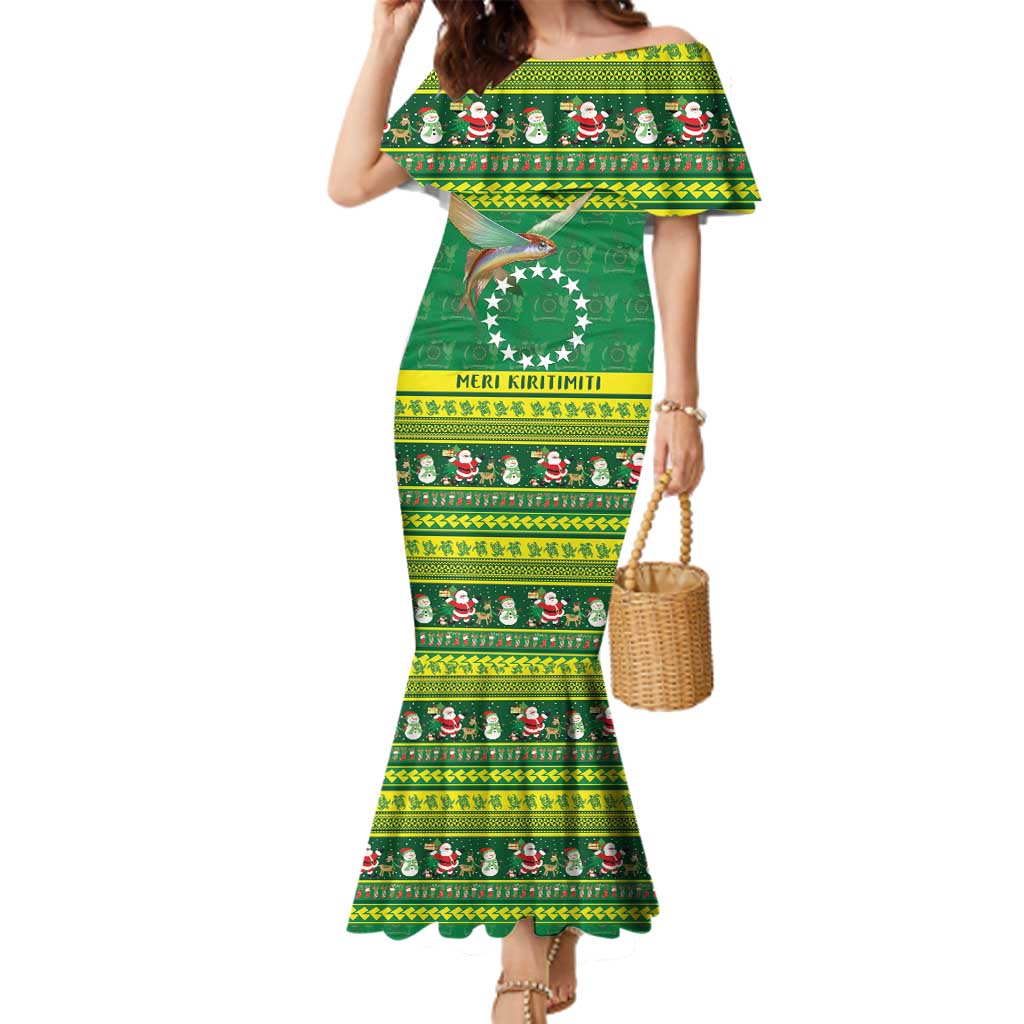 Meri Kiritimiti Cook Islands Christmas Family Matching Mermaid Dress and Hawaiian Shirt Maroro Flying Fish and White Stars