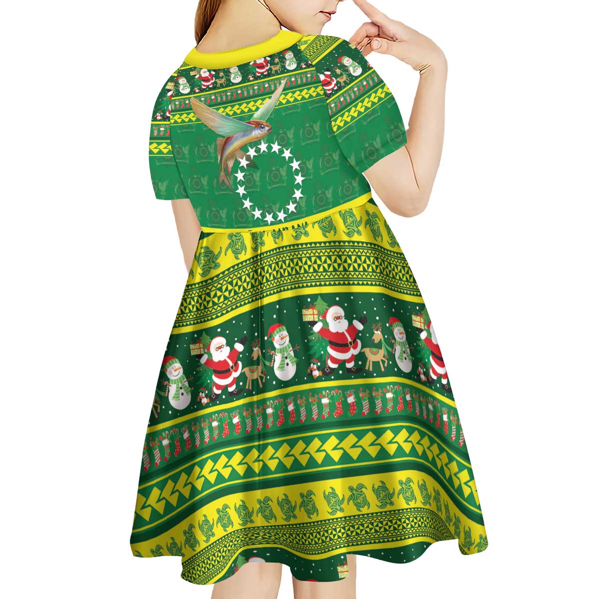 Meri Kiritimiti Cook Islands Christmas Kid Short Sleeve Dress Maroro Flying Fish and White Stars