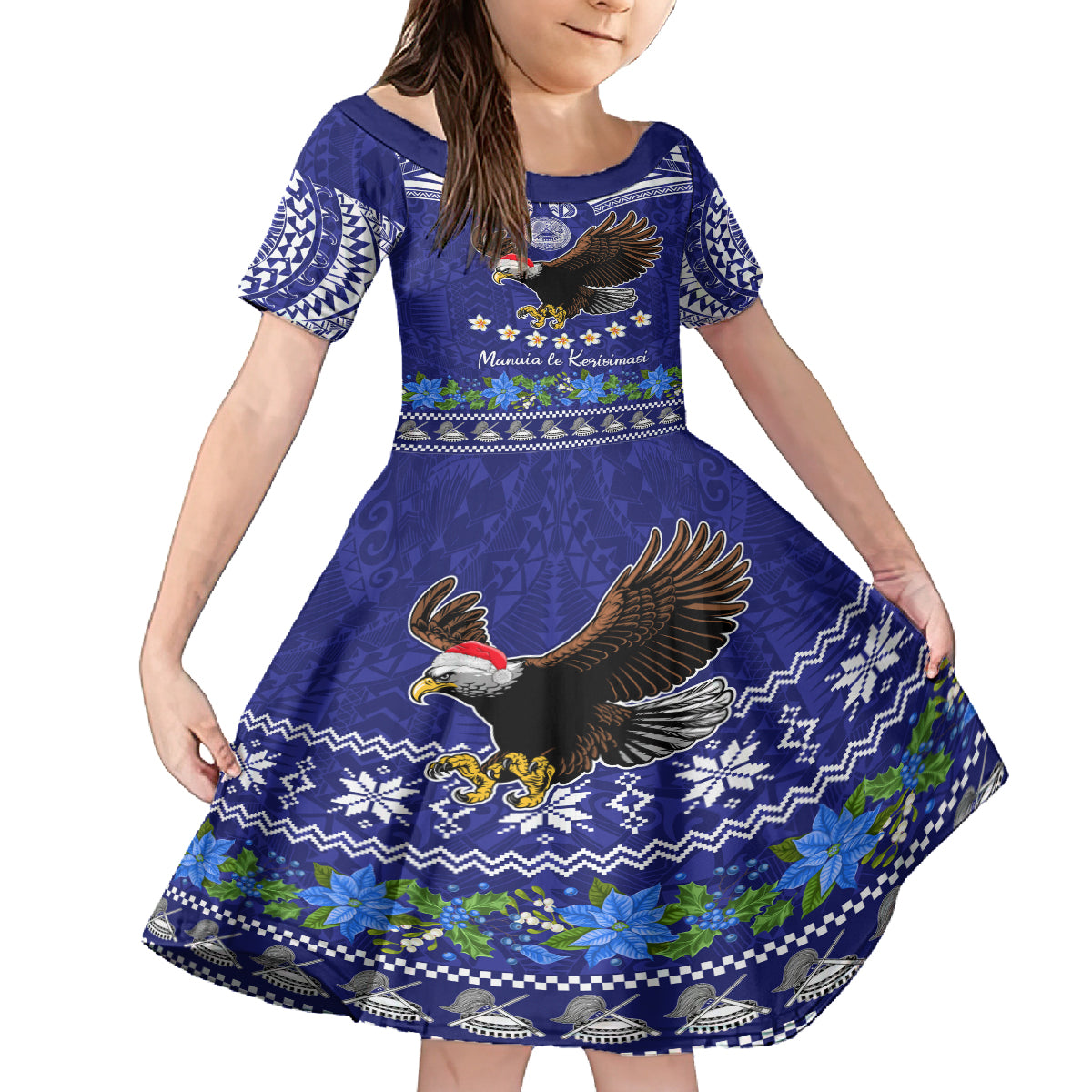 American Samoa Christmas Family Matching Long Sleeve Bodycon Dress and Hawaiian Shirt Manuia le Kerisimasi Polynesian Tribal LT9 Daughter's Dress Blue - Polynesian Pride