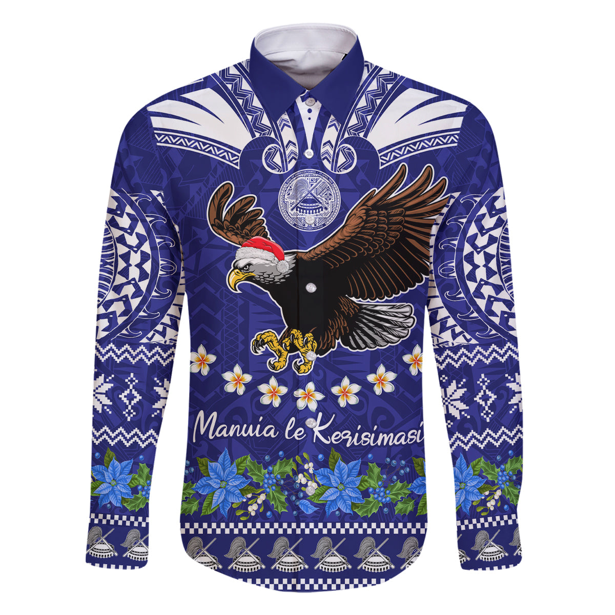 American Samoa Christmas Family Matching Long Sleeve Bodycon Dress and Hawaiian Shirt Manuia le Kerisimasi Polynesian Tribal LT9 Dad's Shirt - Long Sleeve Blue - Polynesian Pride