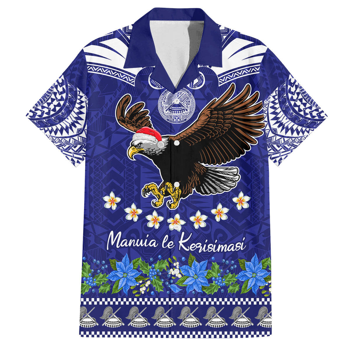 American Samoa Christmas Family Matching Off Shoulder Short Dress and Hawaiian Shirt Manuia le Kerisimasi Polynesian Tribal LT9 Dad's Shirt - Short Sleeve Blue - Polynesian Pride