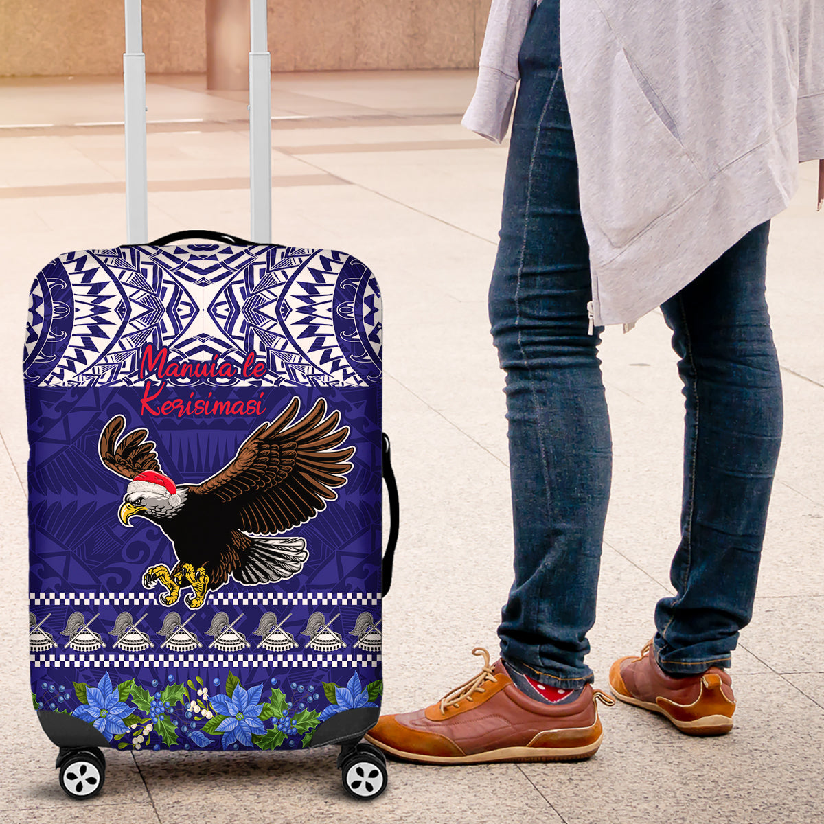 American Samoa Christmas Luggage Cover Manuia le Kerisimasi Polynesian Tribal LT9 Blue - Polynesian Pride