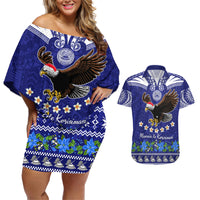 Personalised American Samoa Christmas Couples Matching Off Shoulder Short Dress and Hawaiian Shirt Manuia le Kerisimasi Polynesian Tribal LT9 Blue - Polynesian Pride