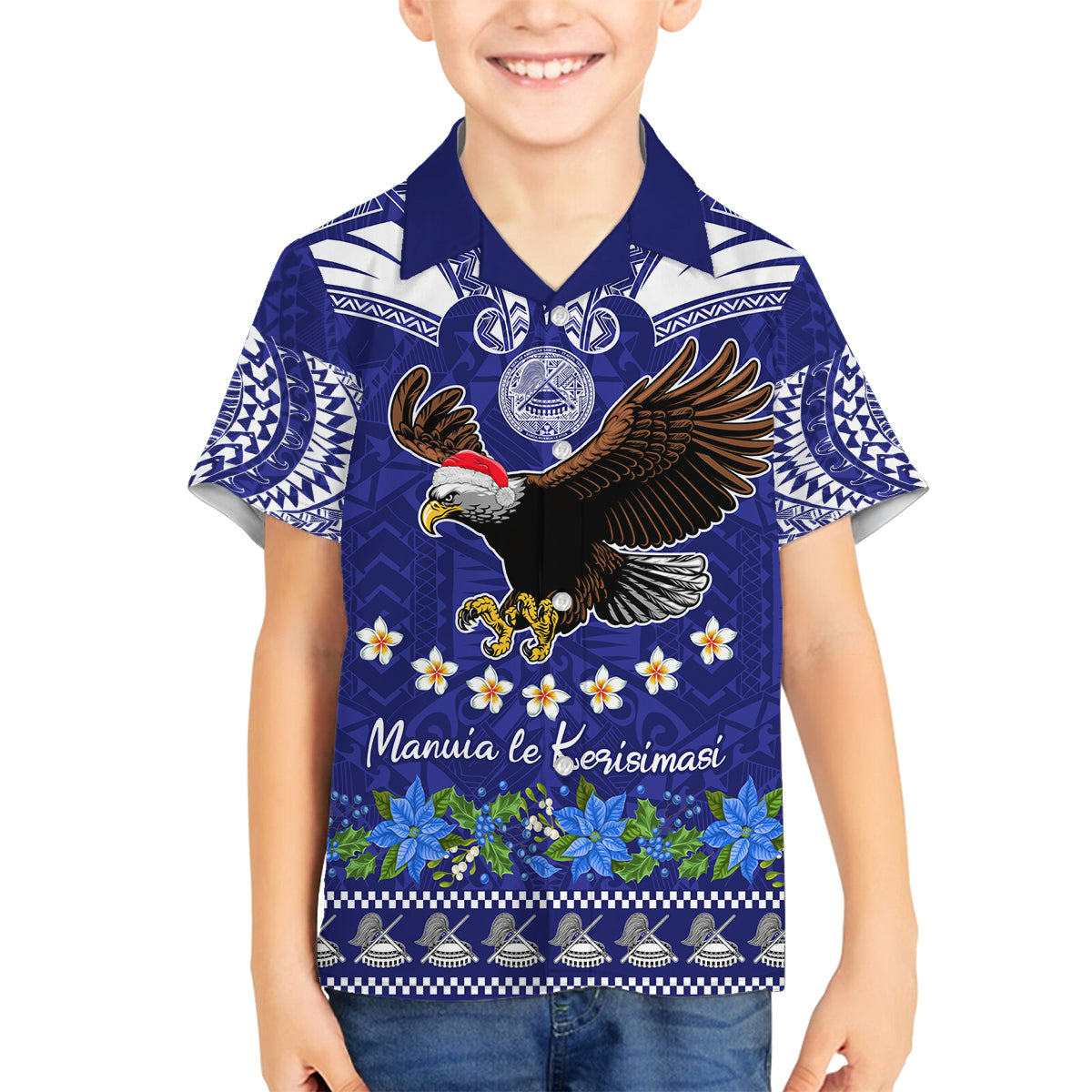 Personalised American Samoa Christmas Family Matching Puletasi Dress and Hawaiian Shirt Manuia le Kerisimasi Polynesian Tribal LT9 Son's Shirt Blue - Polynesian Pride