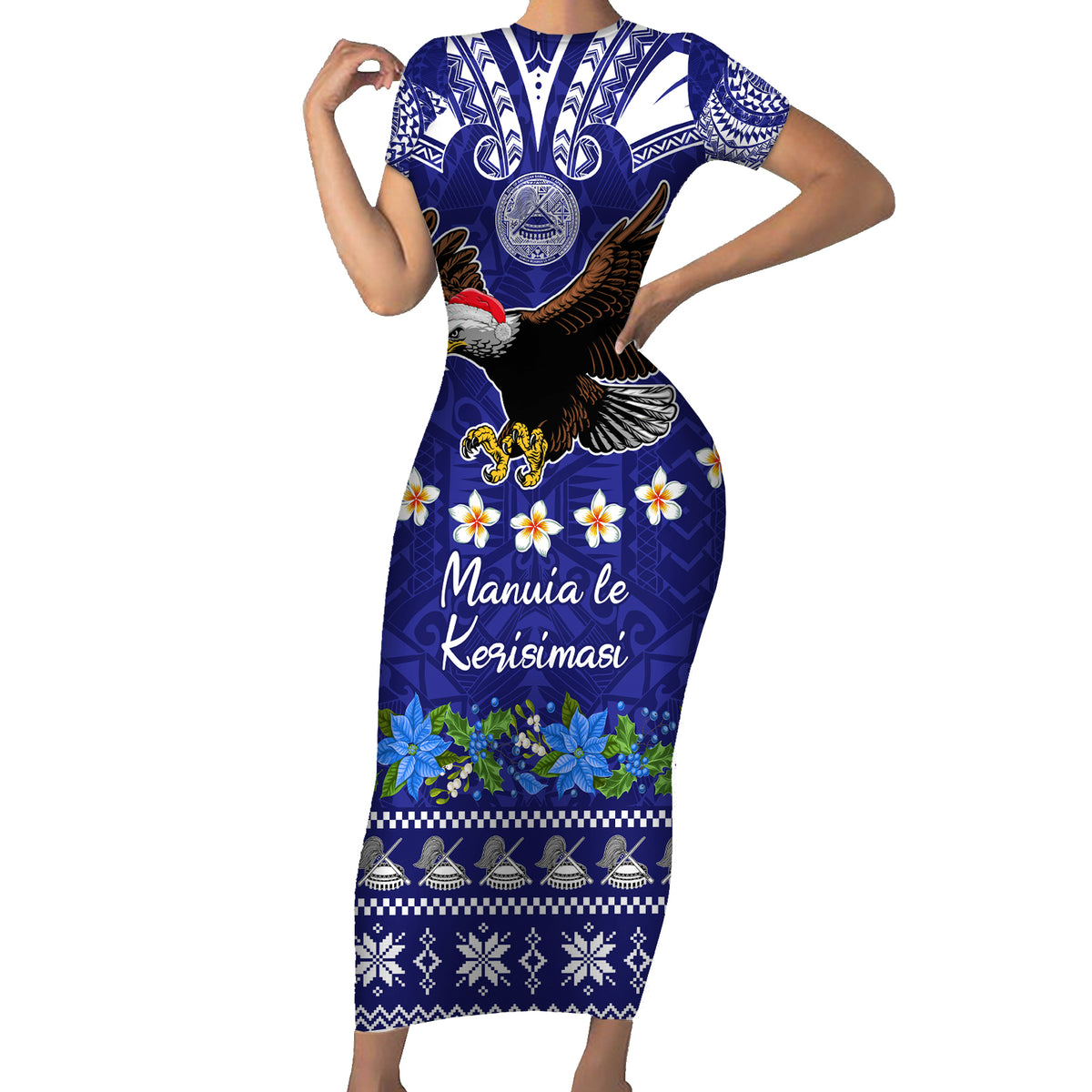 Personalised American Samoa Christmas Family Matching Short Sleeve Bodycon Dress and Hawaiian Shirt Manuia le Kerisimasi Polynesian Tribal LT9 Mom's Dress Blue - Polynesian Pride