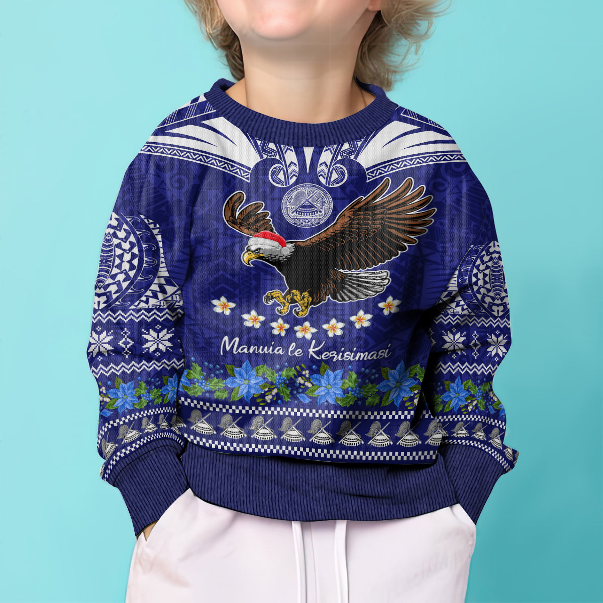 Personalised American Samoa Christmas Kid Ugly Christmas Sweater Manuia le Kerisimasi Polynesian Tribal LT9 - Polynesian Pride