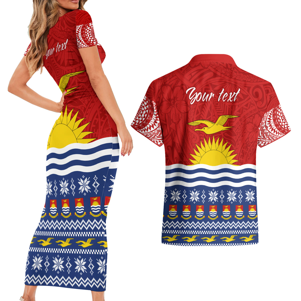 Personalised Kiribati Christmas Couples Matching Short Sleeve Bodycon Dress and Hawaiian Shirt Tekeraoi n Te Tiritimati Polynesian Tribal LT9 - Polynesian Pride