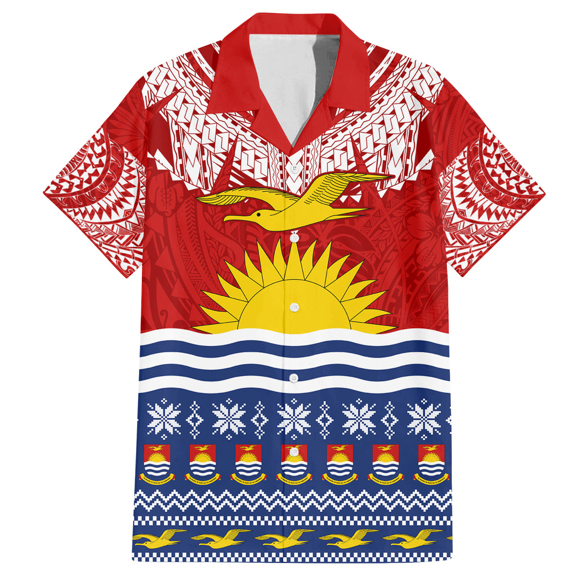 Personalised Kiribati Christmas Family Matching Off Shoulder Short Dress and Hawaiian Shirt Tekeraoi n Te Tiritimati Polynesian Tribal LT9 Dad's Shirt - Short Sleeve Red - Polynesian Pride