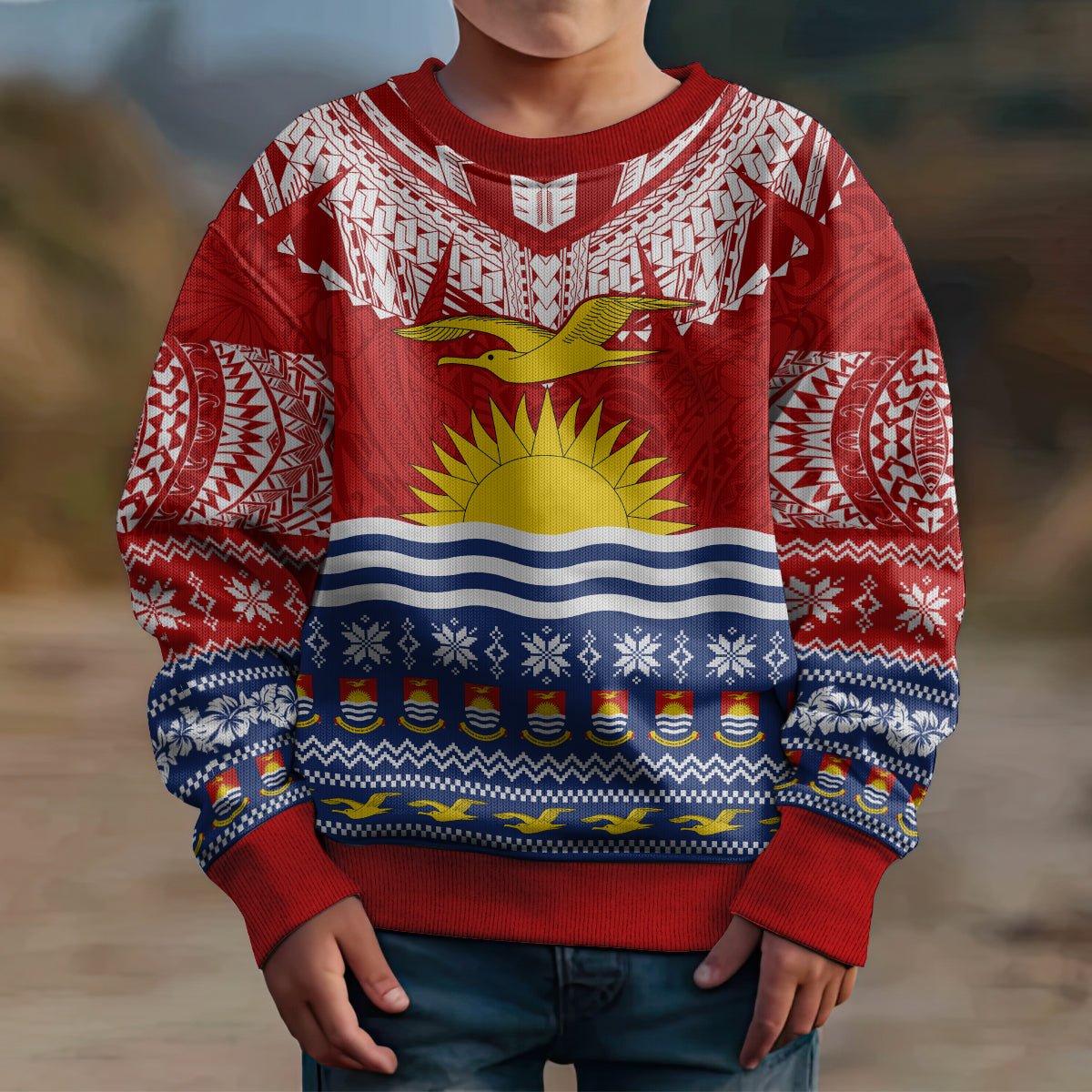 Personalised Kiribati Christmas Kid Ugly Christmas Sweater Tekeraoi n Te Tiritimati Polynesian Tribal LT9 - Polynesian Pride
