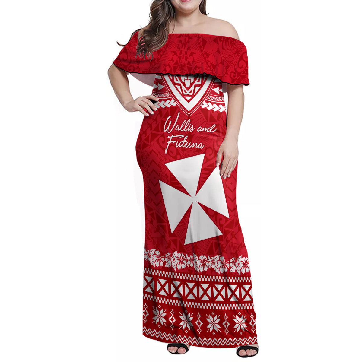 Personalised Wallis and Futuna Christmas Family Matching Off Shoulder Maxi Dress and Hawaiian Shirt Polynesian Tribal LT9 Mom's Dress Red - Polynesian Pride