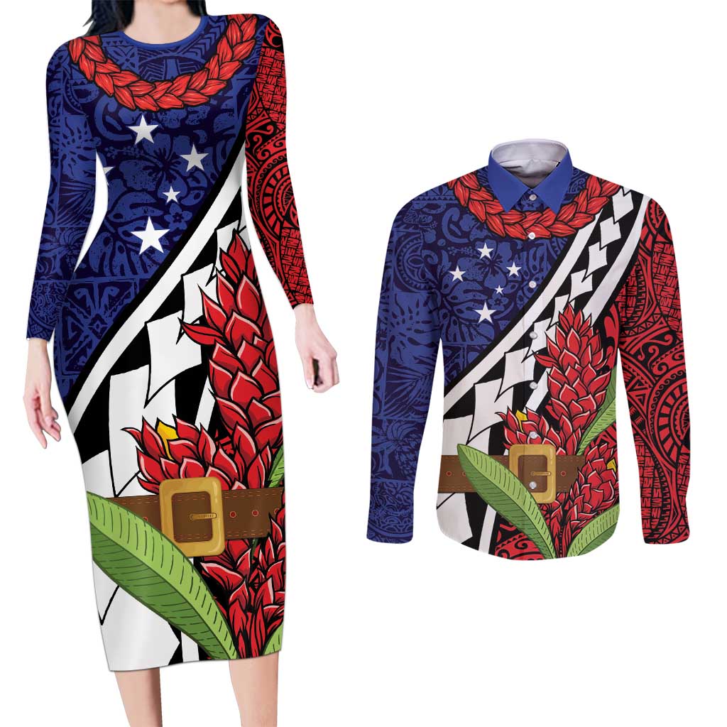 Samoan Ula Fala Flowers Couples Matching Long Sleeve Bodycon Dress and Long Sleeve Button Shirt Christmas Santa Belt