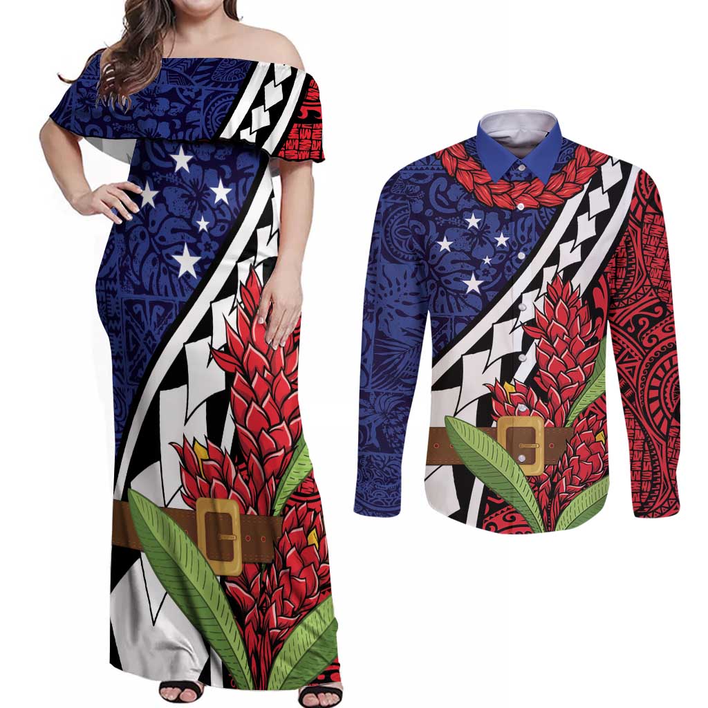 Samoan Ula Fala Flowers Couples Matching Off Shoulder Maxi Dress and Long Sleeve Button Shirt Christmas Santa Belt