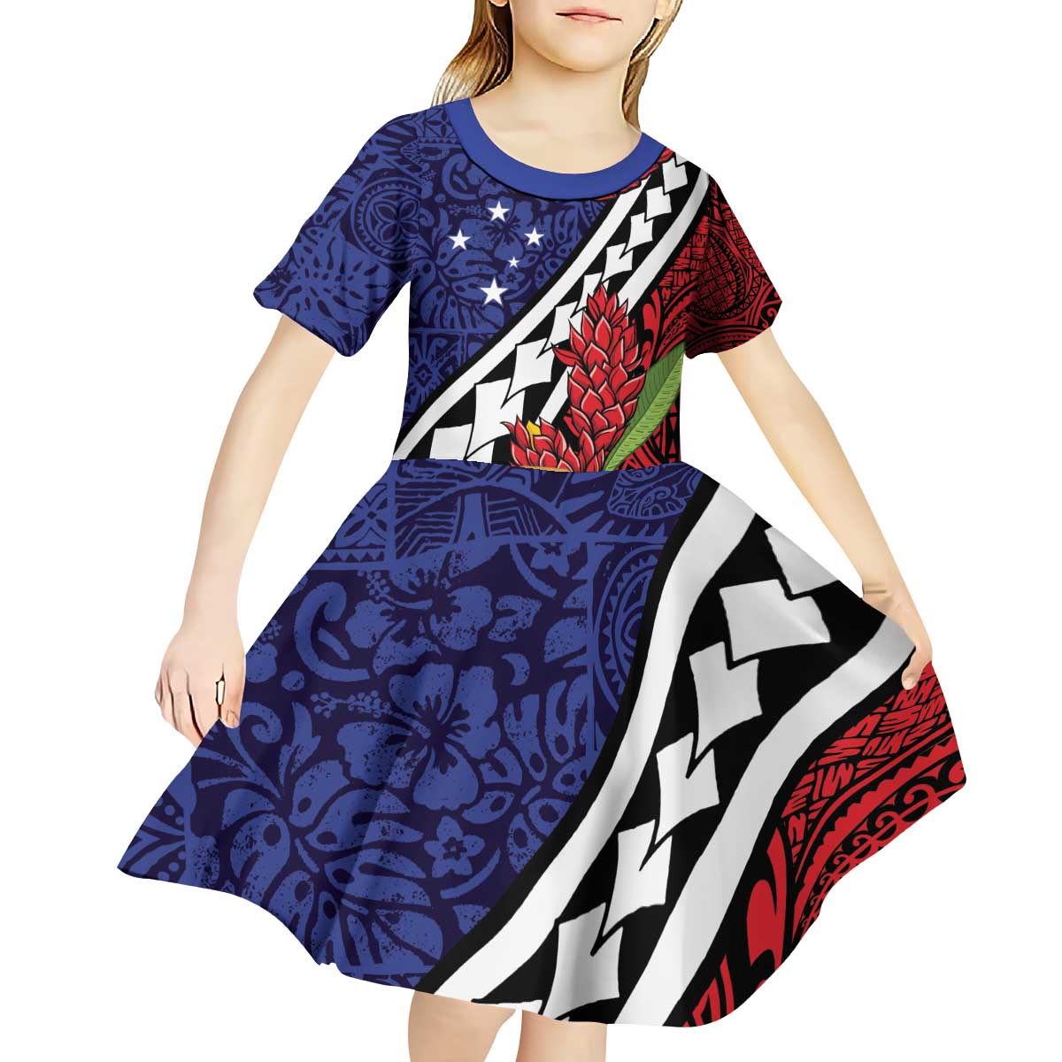 Samoan Ula Fala Flowers Kid Short Sleeve Dress Christmas Santa Belt