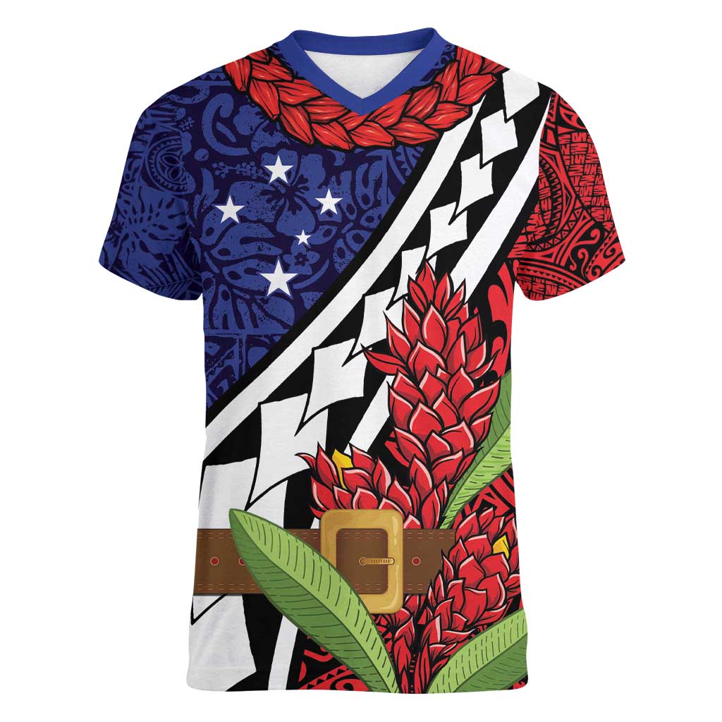 Samoan Ula Fala Flowers Women V-Neck T-Shirt Christmas Santa Belt