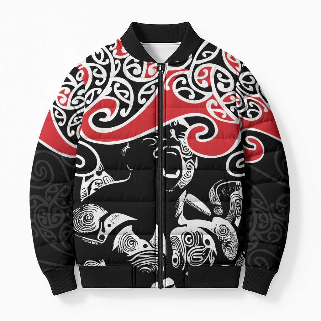 Aotearoa Toitu Te Tiriti Bomber Puffer Jacket New Zealand Stand Together Stand Stronger LT9 Unisex Black - Polynesian Pride